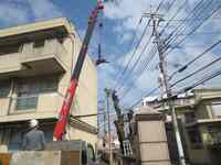 切った太い枝をクレーンで運びます